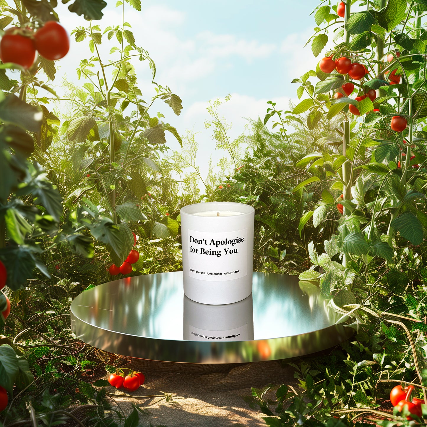 Candle “Don’t Apologise for Being You” placed in an untamed garden among tomato plants under a soft blue sky.