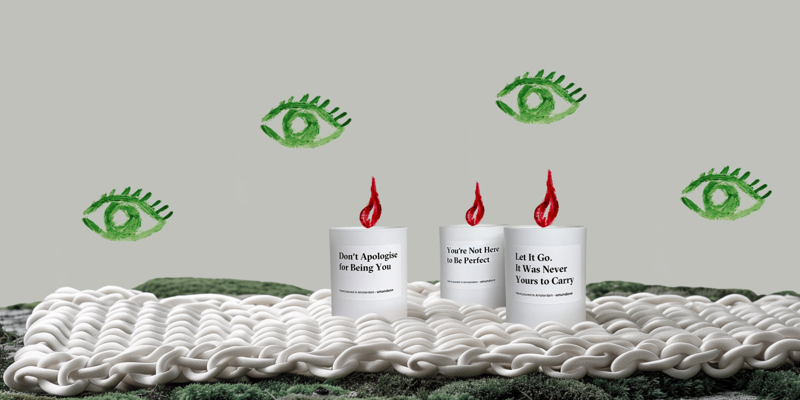 Unundone homepage banner with three hand-poured candles on a soft woven surface, symbolising emotional presence and ritual.