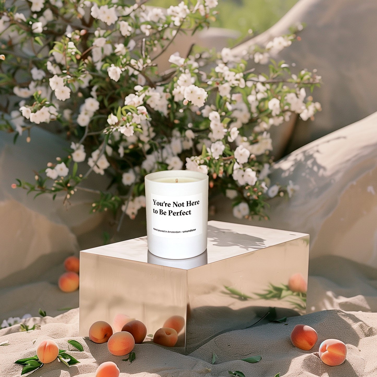 Unundone’s “You’re Not Here to Be Perfect” candle styled with ripe peaches and blooming jasmine in a soft, natural setting.